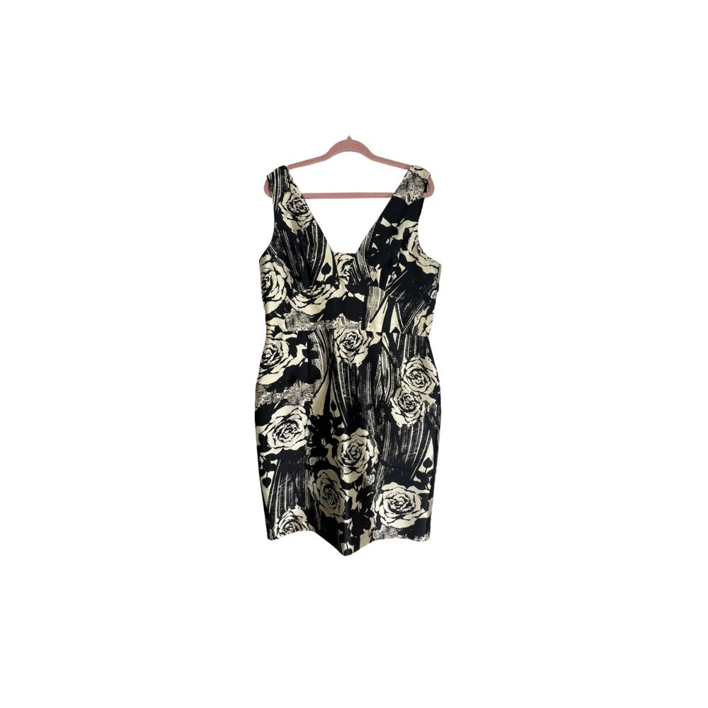 Donna‎ Morgan Black & Ivory Roses Bodycon Silky Deep V-Neck Midi Dress Size 16